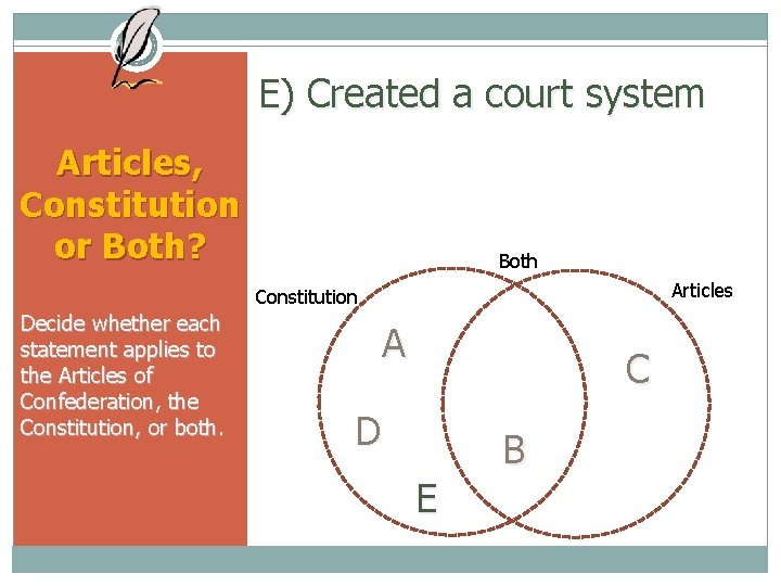 E) Created a court system Articles, Constitution or Both? Both Articles Constitution Decide whether