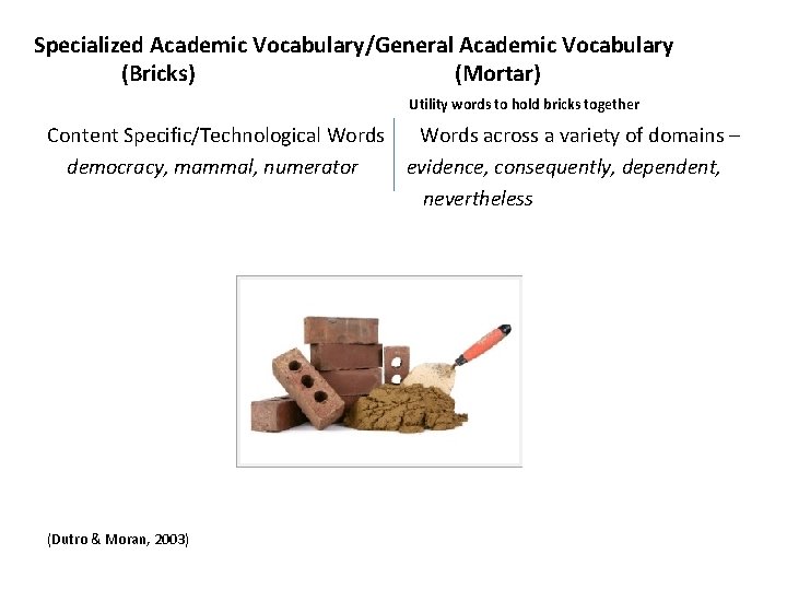 Specialized Academic Vocabulary/General Academic Vocabulary (Bricks) (Mortar) Utility words to hold bricks together Content Specialized Academic Vocabulary/General Academic Vocabulary (Bricks) (Mortar) Utility words to hold bricks together Content