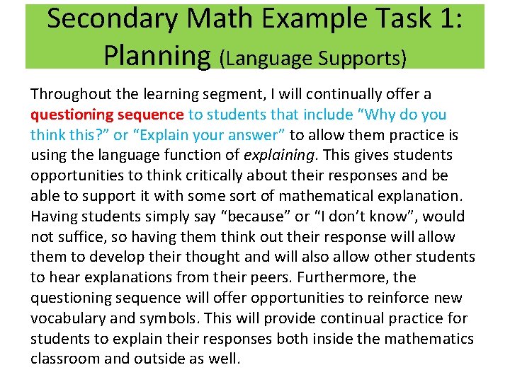 Secondary Math Example Task 1: Planning (Language Supports) Throughout the learning segment, I will Secondary Math Example Task 1: Planning (Language Supports) Throughout the learning segment, I will