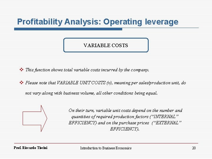 Profitability Analysis: Operating leverage VARIABLE COSTS v This function shows total variable costs incurred