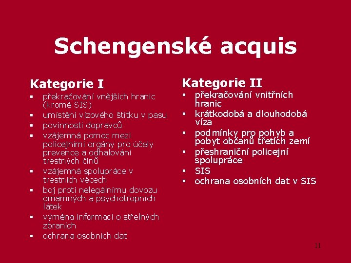 Schengenské acquis Kategorie I § § § § překračování vnějších hranic (kromě SIS) umístění