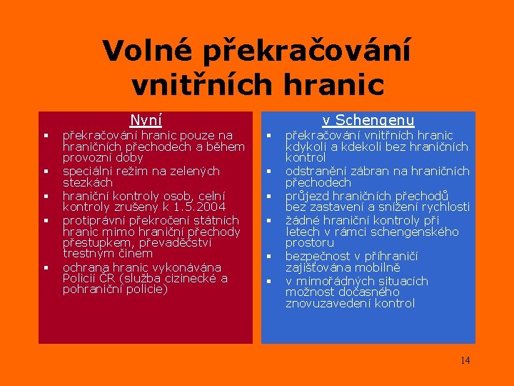 Volné překračování vnitřních hranic Nyní § § § překračování hranic pouze na hraničních přechodech