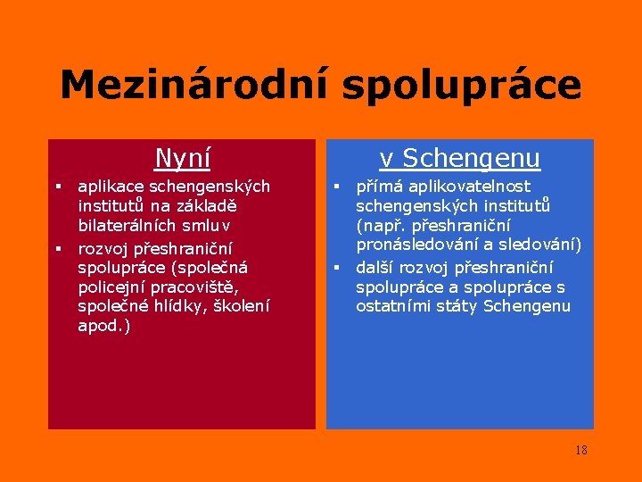 Mezinárodní spolupráce Nyní § § aplikace schengenských institutů na základě bilaterálních smluv rozvoj přeshraniční