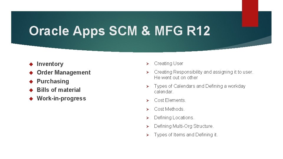 Oracle Apps SCM & MFG R 12 Inventory Order Management Purchasing Bills of material