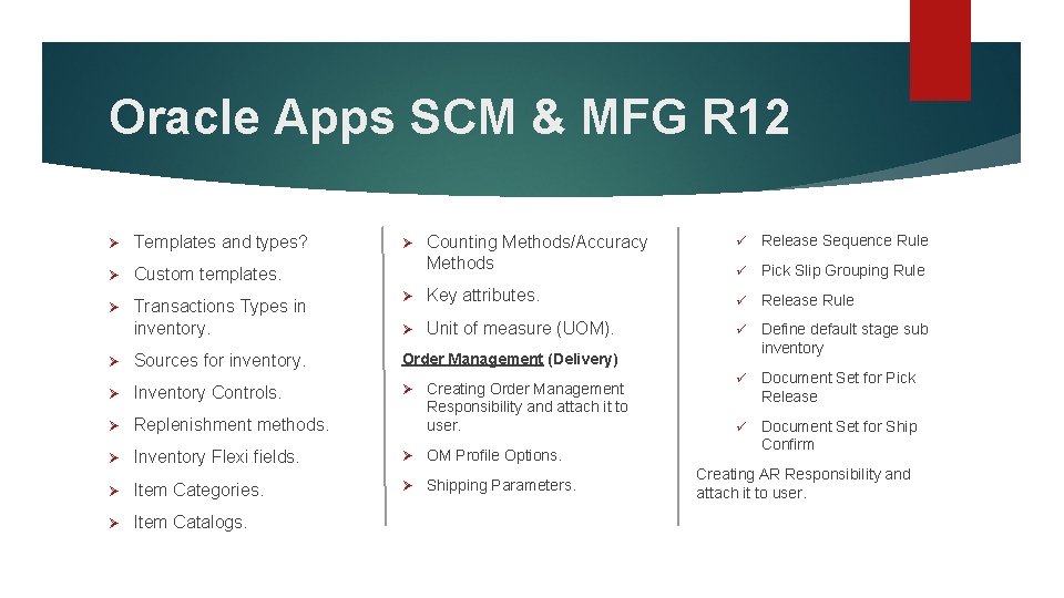 Oracle Apps SCM & MFG R 12 Ø Templates and types? Ø Custom templates.