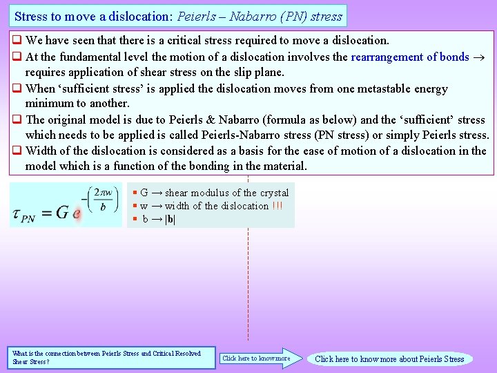 Stress to move a dislocation: Peierls – Nabarro (PN) stress q We have seen