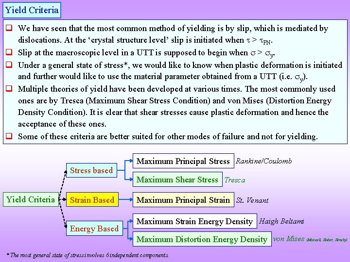 Yield Criteria q We have seen that the most common method of yielding is