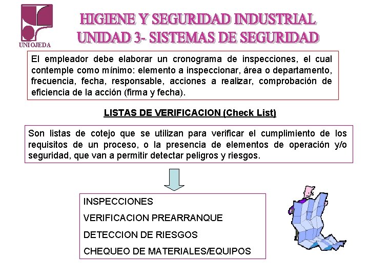 UNIOJEDA El empleador debe elaborar un cronograma de inspecciones, el cual contemple como mínimo: UNIOJEDA El empleador debe elaborar un cronograma de inspecciones, el cual contemple como mínimo: