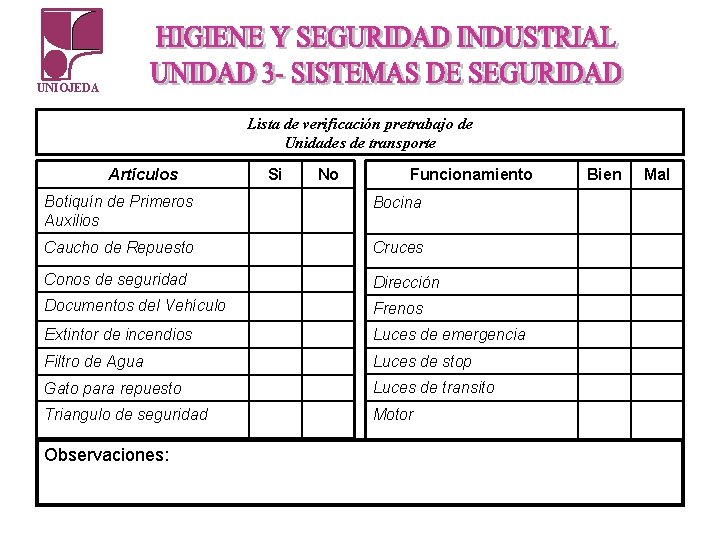 UNIOJEDA Lista de verificación pretrabajo de Unidades de transporte Artículos Si No Funcionamiento Botiquín UNIOJEDA Lista de verificación pretrabajo de Unidades de transporte Artículos Si No Funcionamiento Botiquín