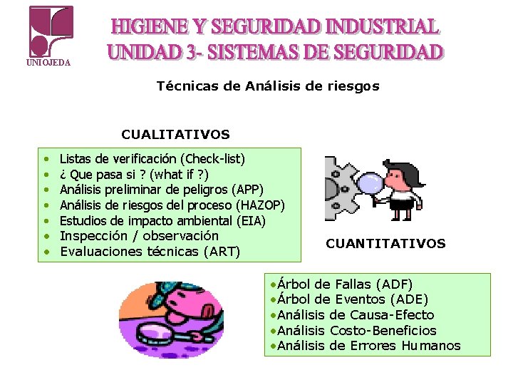 UNIOJEDA Técnicas de Análisis de riesgos CUALITATIVOS • • Listas de verificación (Check-list) ¿ UNIOJEDA Técnicas de Análisis de riesgos CUALITATIVOS • • Listas de verificación (Check-list) ¿