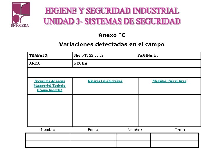 UNIOJEDA Anexo “C Variaciones detectadas en el campo TRABAJO: Nro. PTI-SS-00 -03 AREA: FECHA: UNIOJEDA Anexo “C Variaciones detectadas en el campo TRABAJO: Nro. PTI-SS-00 -03 AREA: FECHA: