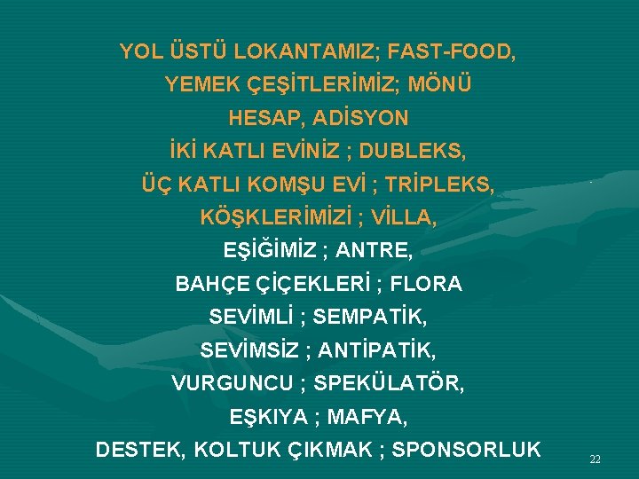 YOL ÜSTÜ LOKANTAMIZ; FAST-FOOD, YEMEK ÇEŞİTLERİMİZ; MÖNÜ HESAP, ADİSYON İKİ KATLI EVİNİZ ; DUBLEKS,