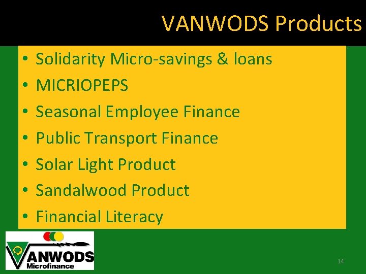 VANWODS Products • • Solidarity Micro-savings & loans MICRIOPEPS Seasonal Employee Finance Public Transport