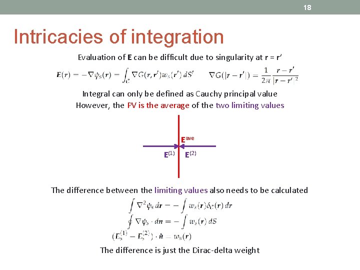 18 Intricacies of integration Evaluation of E can be difficult due to singularity at