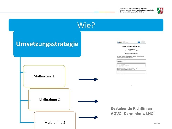 Wie? Umsetzungsstrategie Maßnahme 1 Maßnahme 2 Bestehende Richtlinien AGVO, De-minimis, LHO Maßnahme 3 Folie