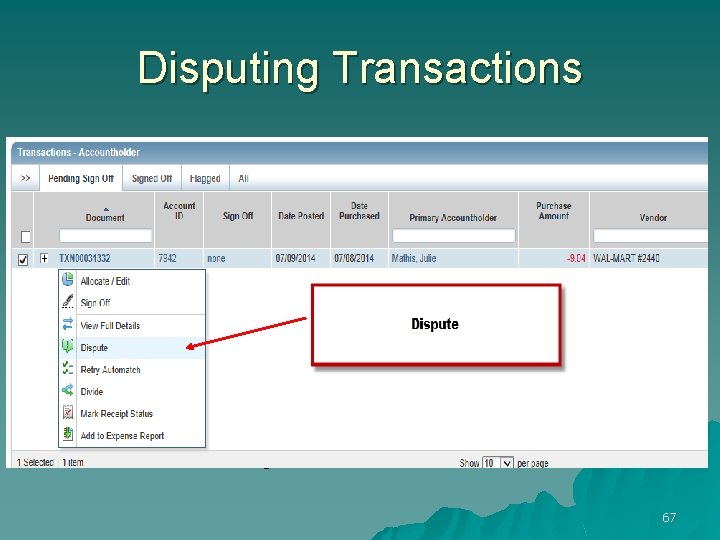 Disputing Transactions Dispute 67 