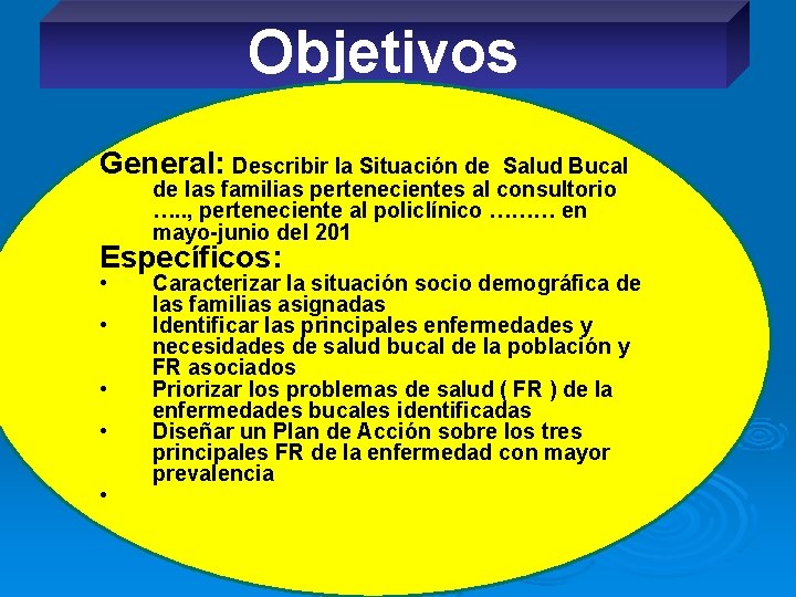 Objetivos General: Describir la Situación de Salud Bucal de las familias pertenecientes al consultorio