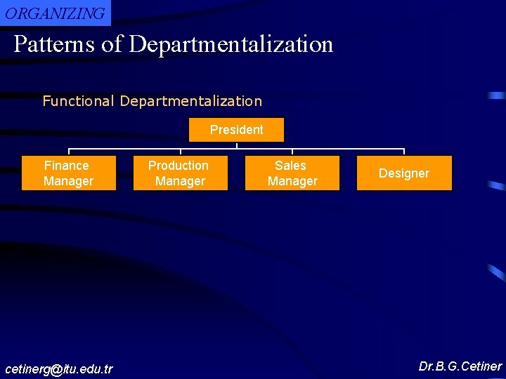 ORGANIZING Patterns of Departmentalization Functional Departmentalization President Finance Manager cetinerg@itu. edu. tr Production Manager