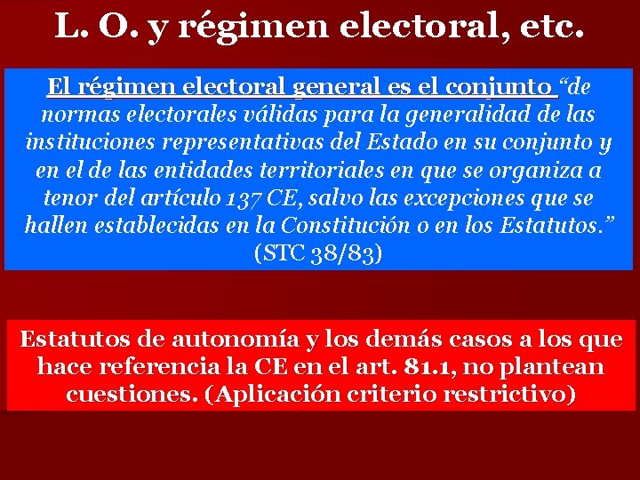 L. O. y régimen electoral, etc. El régimen electoral general es el conjunto “de