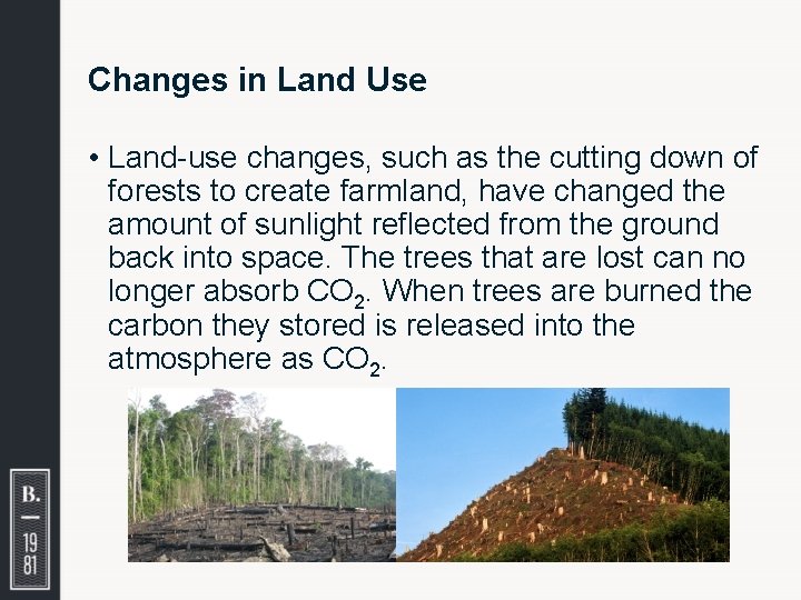 Changes in Land Use • Land-use changes, such as the cutting down of forests