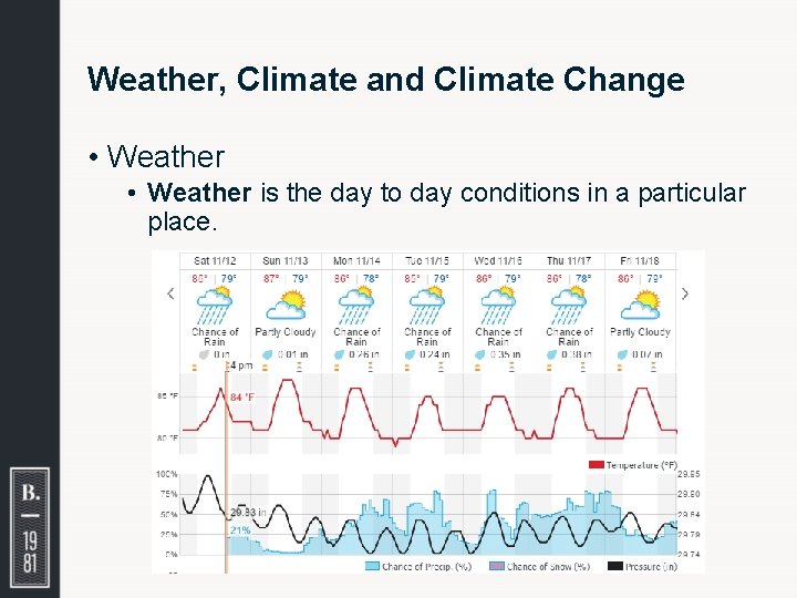 Weather, Climate and Climate Change • Weather is the day to day conditions in