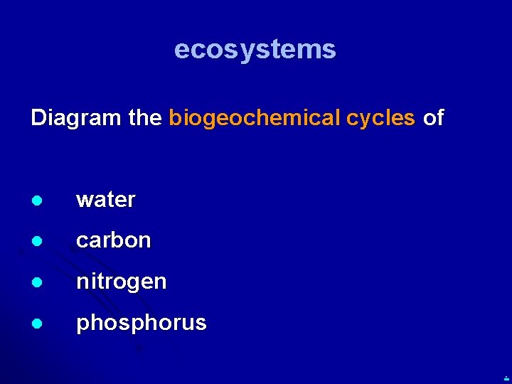 ecosystems Diagram the biogeochemical cycles of l water l carbon l nitrogen l phosphorus.