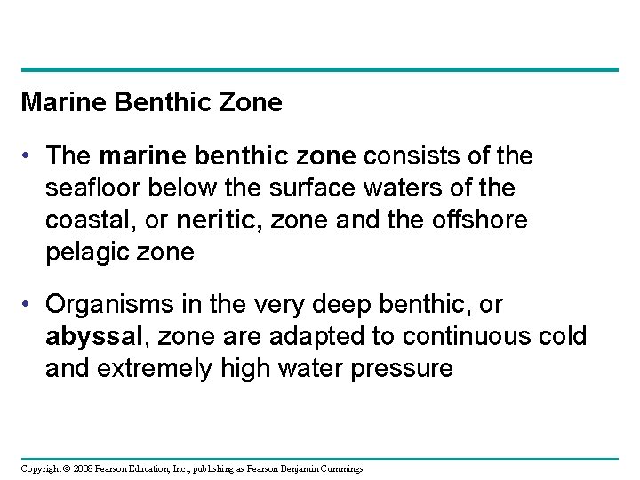 Marine Benthic Zone • The marine benthic zone consists of the seafloor below the