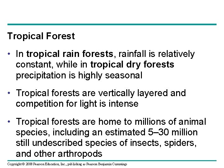 Tropical Forest • In tropical rain forests, rainfall is relatively constant, while in tropical