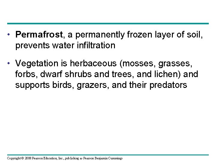  • Permafrost, a permanently frozen layer of soil, prevents water infiltration • Vegetation