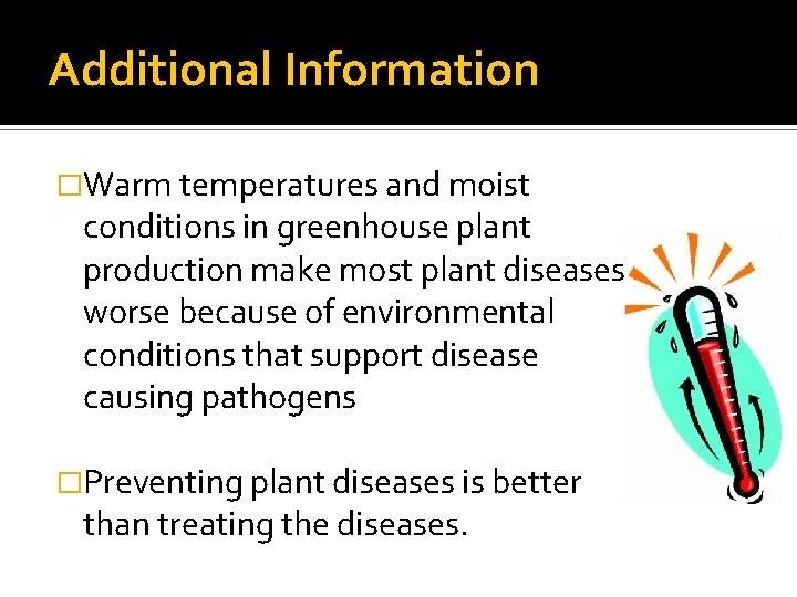 Additional Information �Warm temperatures and moist conditions in greenhouse plant production make most plant