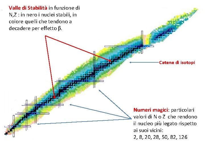 Valle di Stabilità in funzione di N, Z : in nero i nuclei stabili,