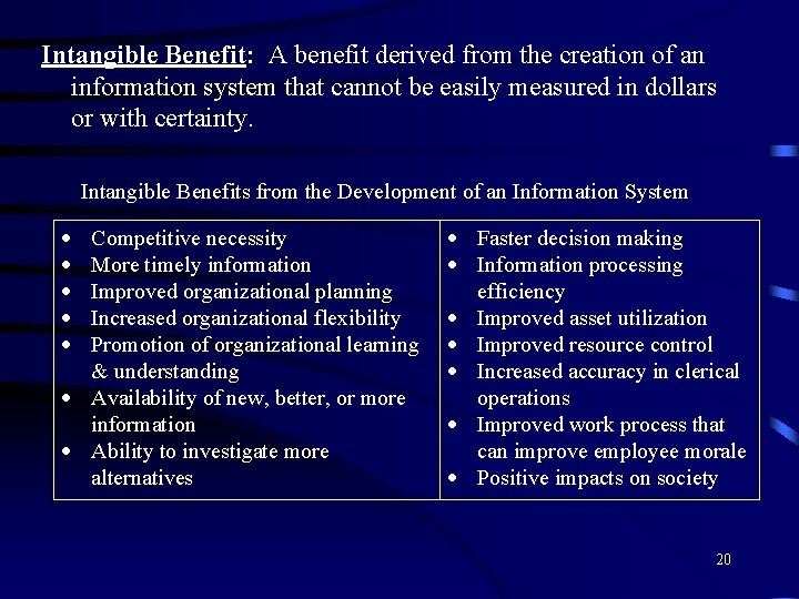 Intangible Benefit: A benefit derived from the creation of an information system that cannot