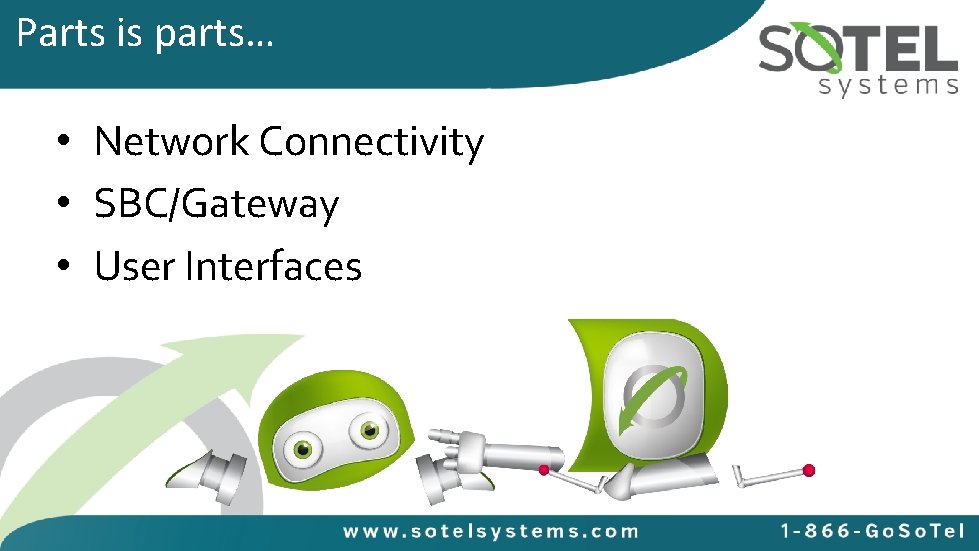 Parts is parts… • Network Connectivity • SBC/Gateway • User Interfaces 