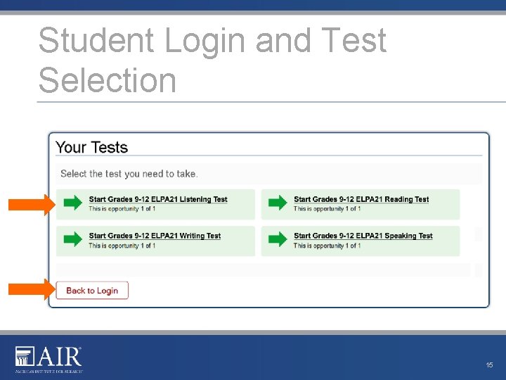 Student Login and Test Selection 15 