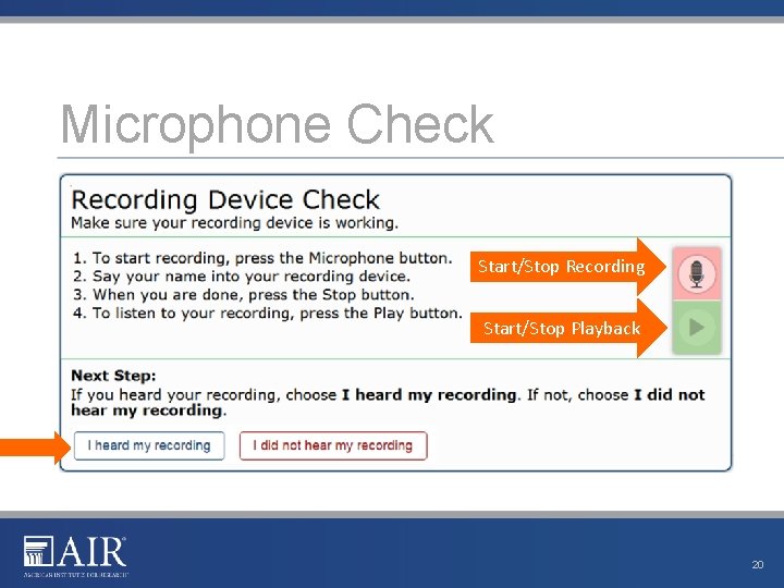 Microphone Check Start/Stop Recording Start/Stop Playback 20 