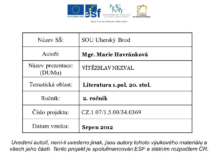 Mgr. Marie Havránková VÍTĚZSLAV NEZVAL Literatura 1. pol. 20. stol. 2. ročník Srpen 2012
