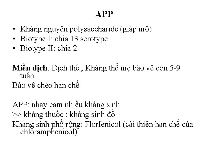 APP • Kháng nguyên polysaccharide (giáp mô) • Biotype I: chia 13 serotype •