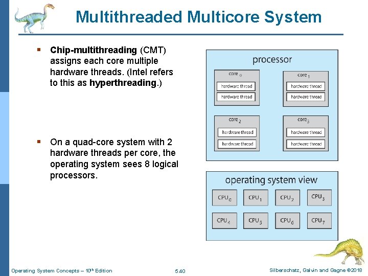 Multithreaded Multicore System § Chip-multithreading (CMT) assigns each core multiple hardware threads. (Intel refers