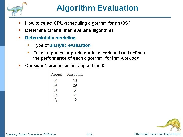 Algorithm Evaluation § How to select CPU-scheduling algorithm for an OS? § Determine criteria,