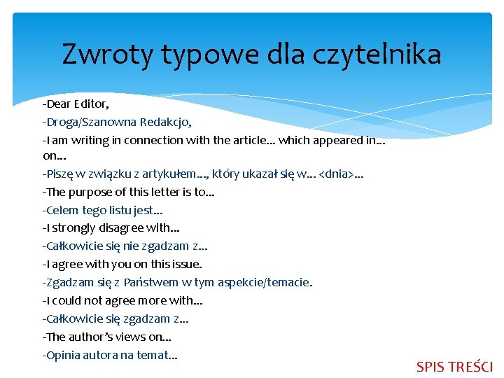 Zwroty typowe dla czytelnika -Dear Editor, -Droga/Szanowna Redakcjo, -I am writing in connection with