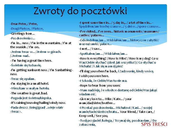 Zwroty do pocztówki -Dear Peter, / Peter, -Drogi Piotrze, / Piotrze, -Greetings from. .