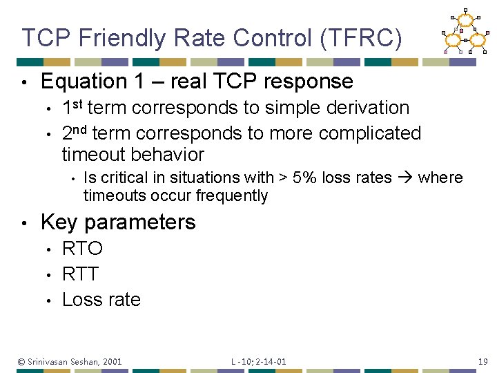 TCP Friendly Rate Control (TFRC) • Equation 1 – real TCP response • •