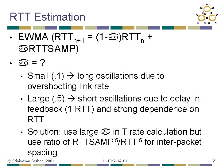 RTT Estimation EWMA (RTTn+1 = (1 - )RTTn + RTTSAMP) • =? • •