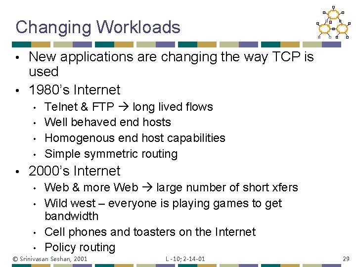 Changing Workloads New applications are changing the way TCP is used • 1980’s Internet