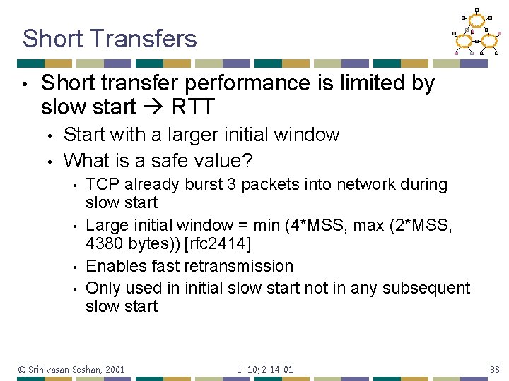 Short Transfers • Short transfer performance is limited by slow start RTT • •