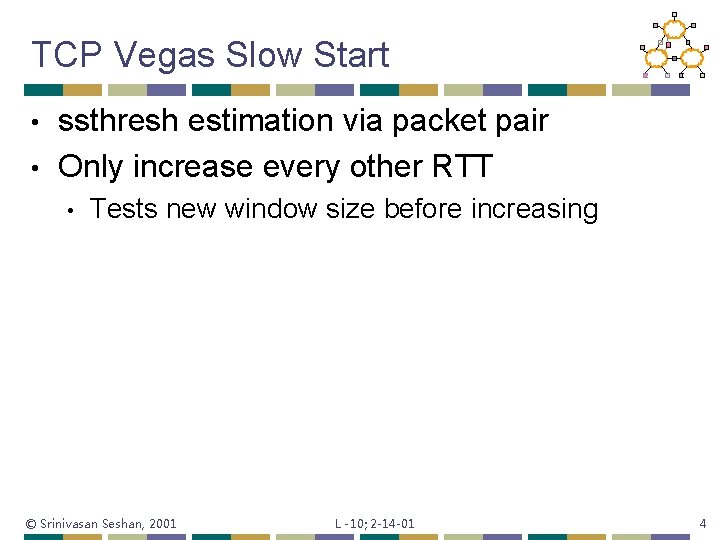 TCP Vegas Slow Start ssthresh estimation via packet pair • Only increase every other