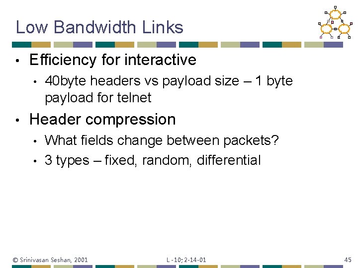 Low Bandwidth Links • Efficiency for interactive • • 40 byte headers vs payload