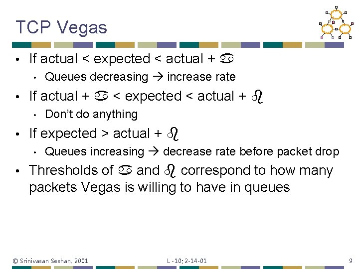 TCP Vegas • If actual < expected < actual + • • If actual