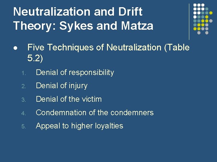 Neutralization and Drift Theory: Sykes and Matza Five Techniques of Neutralization (Table 5. 2)