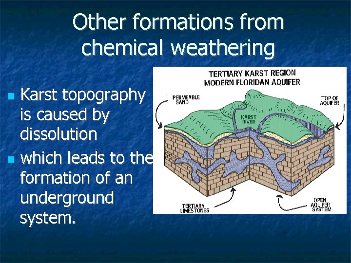 Other formations from chemical weathering Karst topography is caused by dissolution n which leads